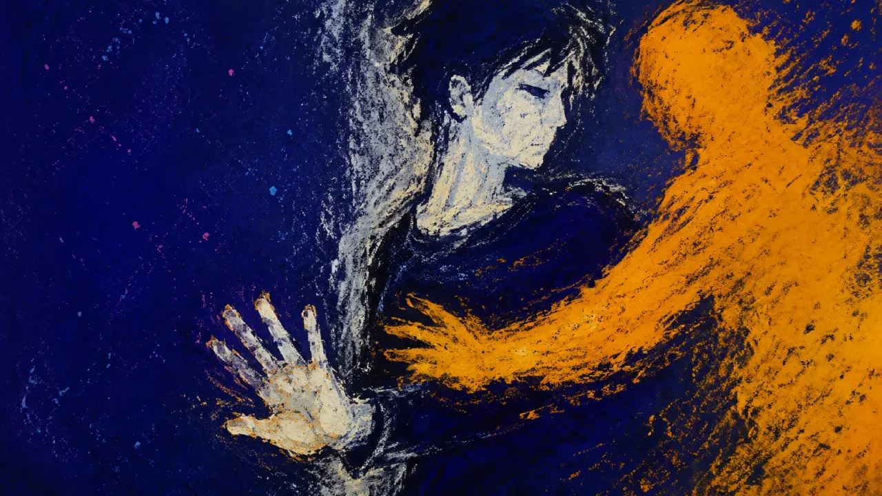 A half-turned figure holds one palm open while an amber silhouette overlaps the torso but remains outside an indigo frame.