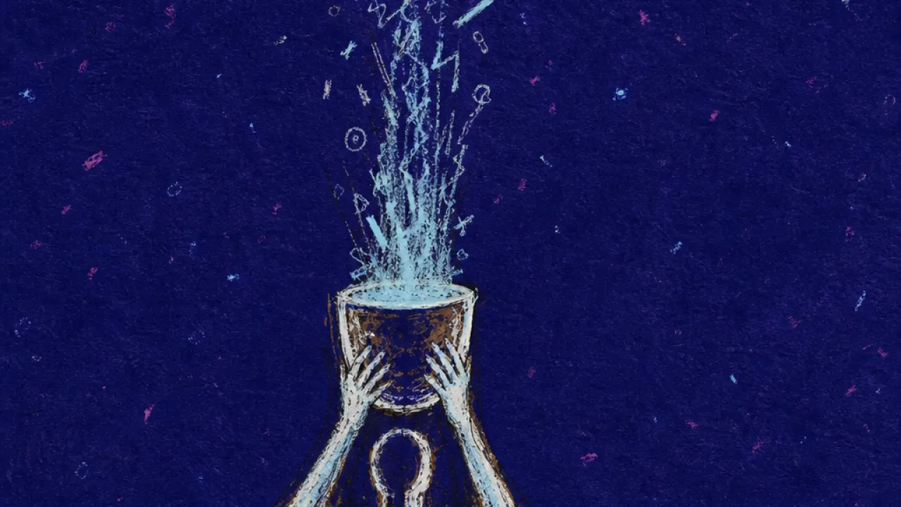Holding everyone else's overflow A solitary figure holding an overflowing cup as messages pour in, with no second vessel returning anything