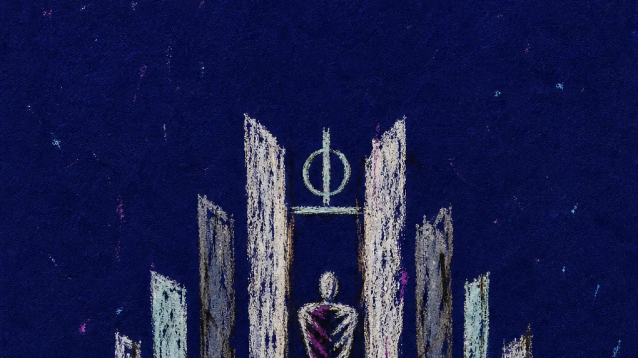 A solitary figure squeezed between milestone gates, shoulders and ribs pressed inward toward one narrow lit passage