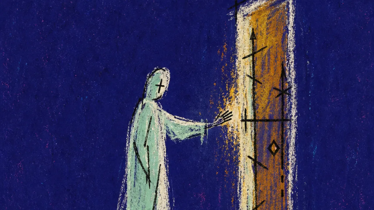 Kept at the threshold A solitary figure reaching toward a guarded doorway, warm light touching one hand while towers block the hallway beyond