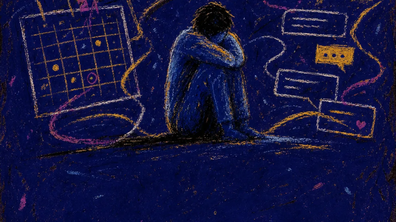 A solitary figure beneath suspended calendars and message threads, shoulders marked by repeated pressure inside a glowing ind