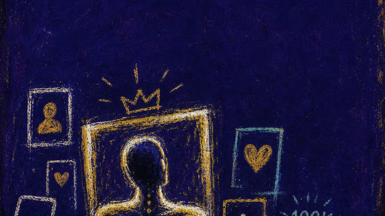 Pinned inside the public frame A solitary figure held upright inside glowing frames, shoulder impressions visible as raised phones close in around them