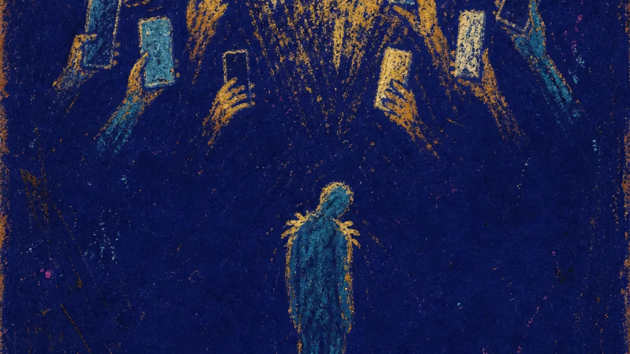 A solitary figure under a bright group spotlight, raised cups and phone screens pressing attention into their shoulders