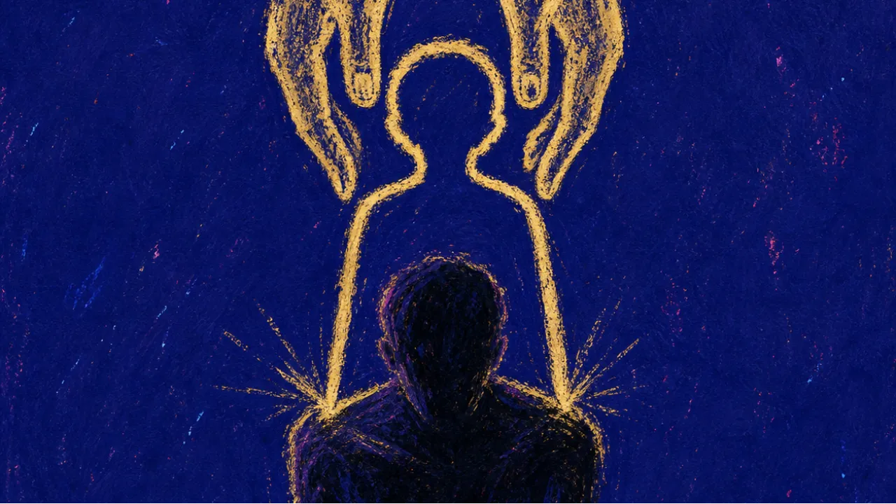 Kept in a child-sized frame A solitary adult figure with shoulders drawn inward as oversized hands lower a child-sized outline over the body