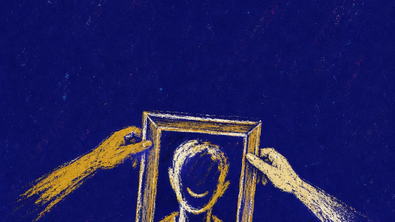 A solitary figure pinned behind a bright family photo frame, hands adjusting the edges while shoulders stay tight