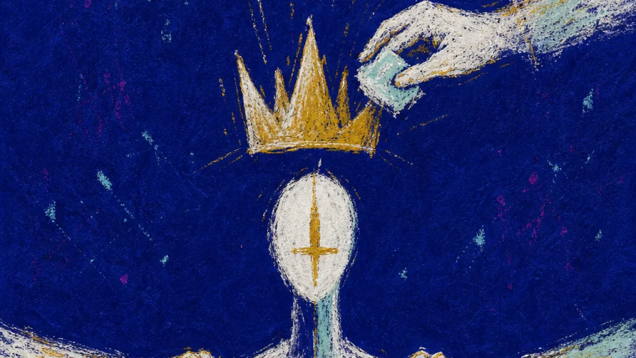 A solitary figure under a gold spotlight, hands from the edges polishing a crown as pressed shoulders narrow in indigo space