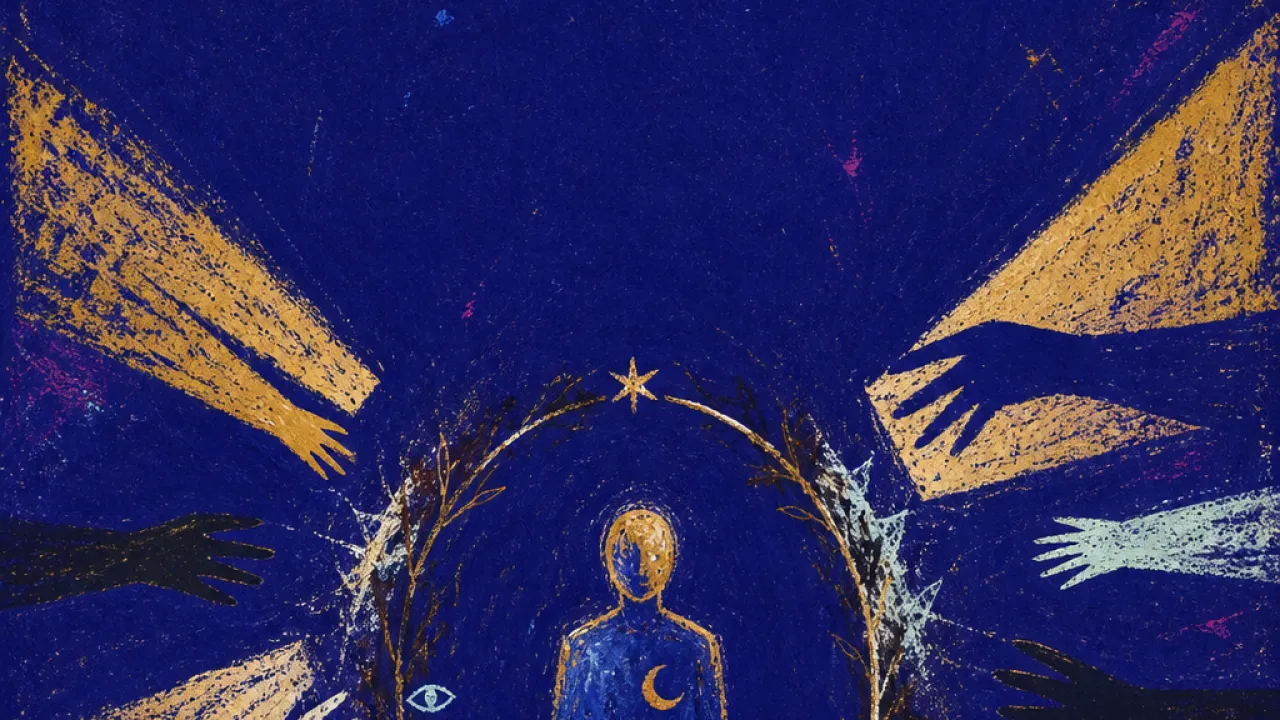 A solitary figure inside a thin circular boundary as hands and spotlights approach without crossing the frame