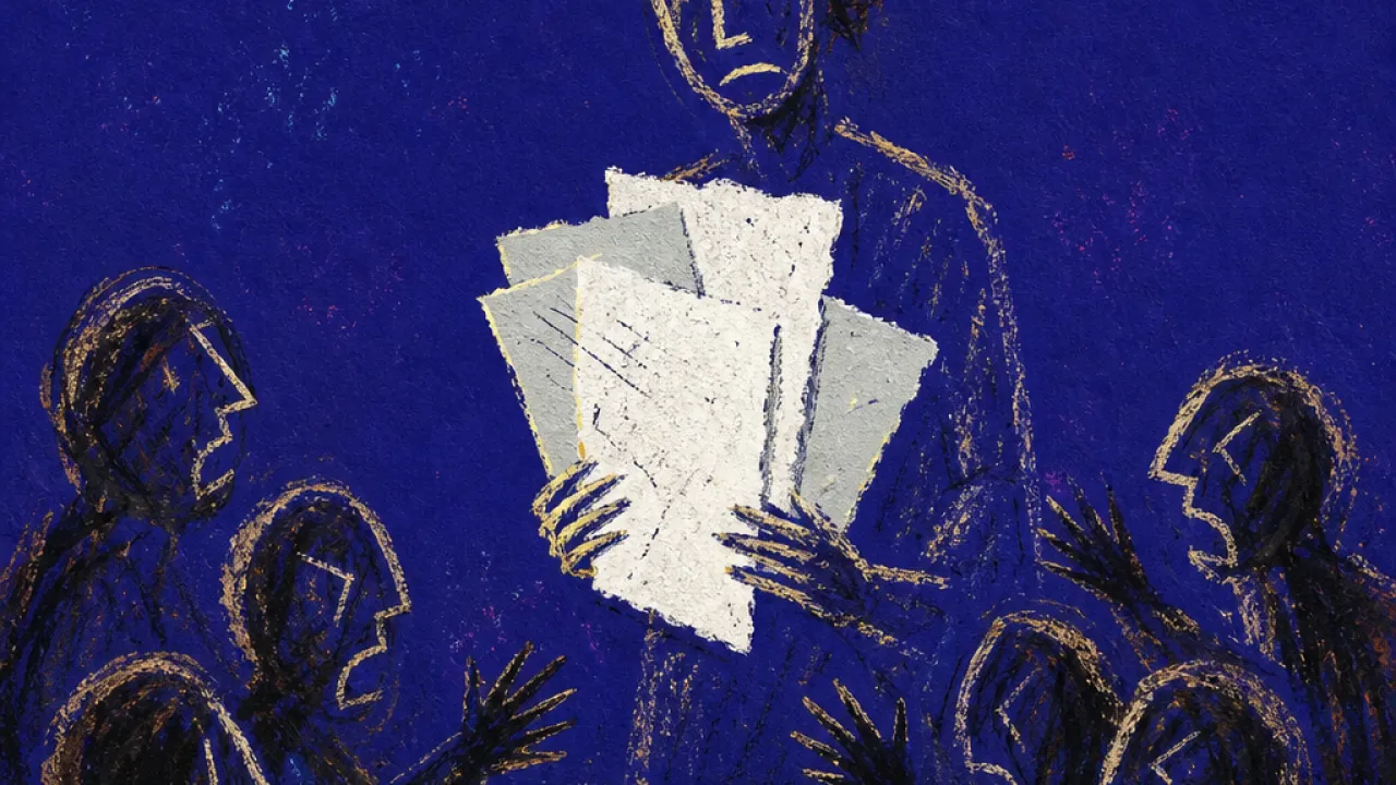 A solitary figure holding papers as shadowed family silhouettes reach from a long table, white lines pulling hidden records