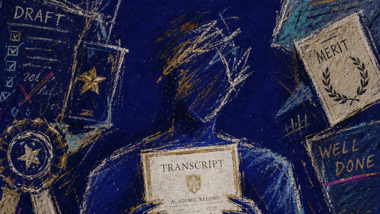 A solitary figure holding a transcript while silhouettes press papers and medals into a tight frame around the body