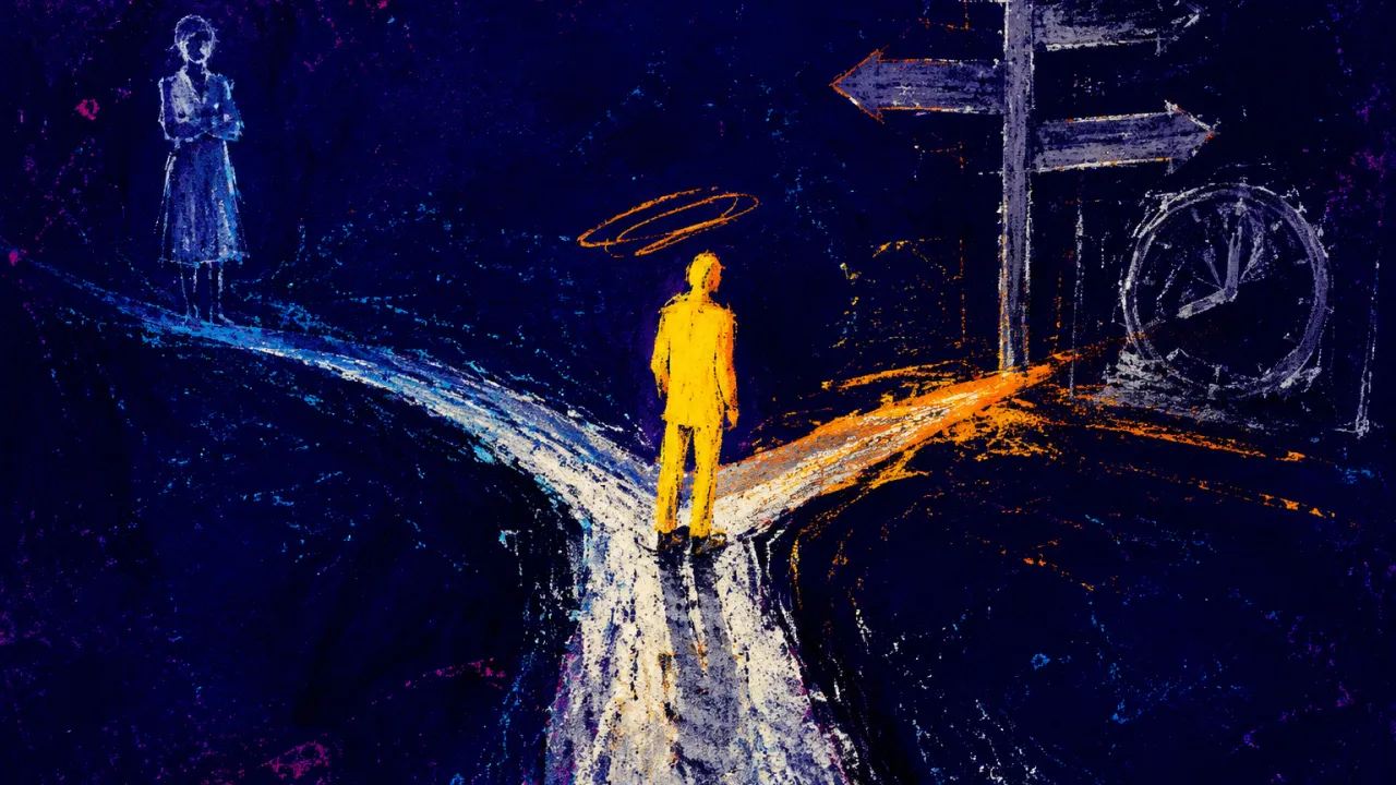 A solitary figure with feet frozen on narrowing ground as signposts converge toward a waiting silhouette across the gap.