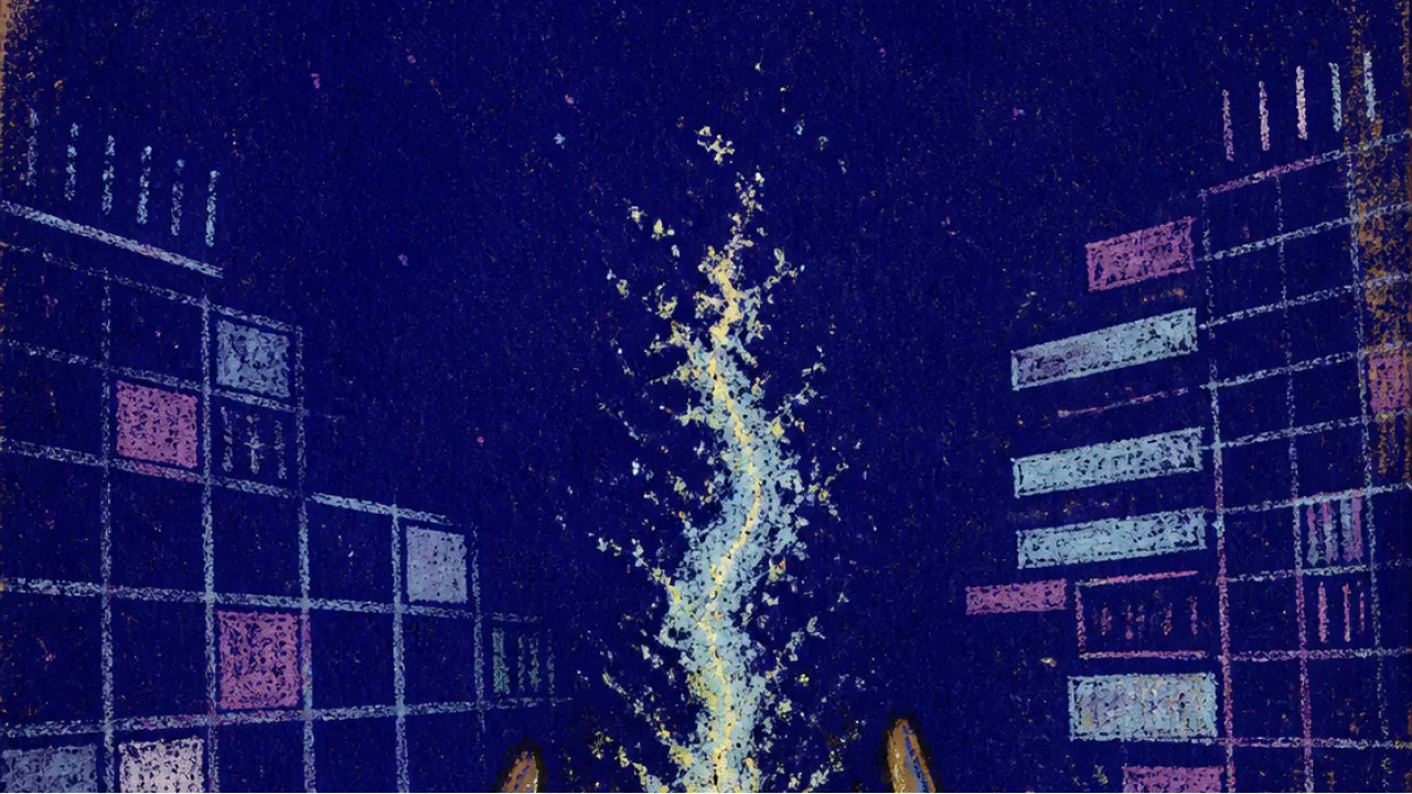 Output Closing Around the Spark A solitary figure cups a small rising stream as calendar blocks and pale metric bars press inward against their hands