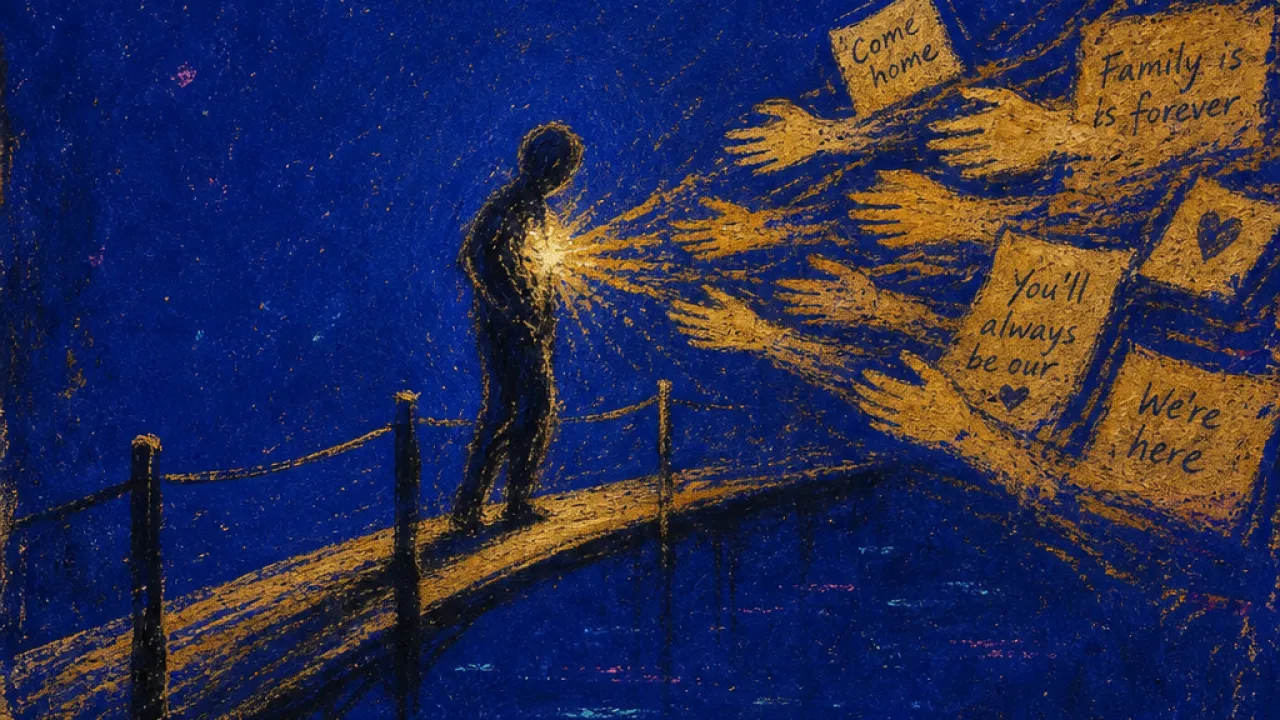 A solitary figure paused before a narrow bridge, open messages and reaching hands hovering across dark indigo water