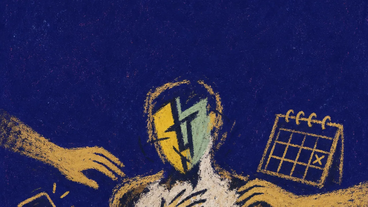 A solitary figure held at the shoulders as household hands pull a phone, calendar, and doorway into one tightening loop