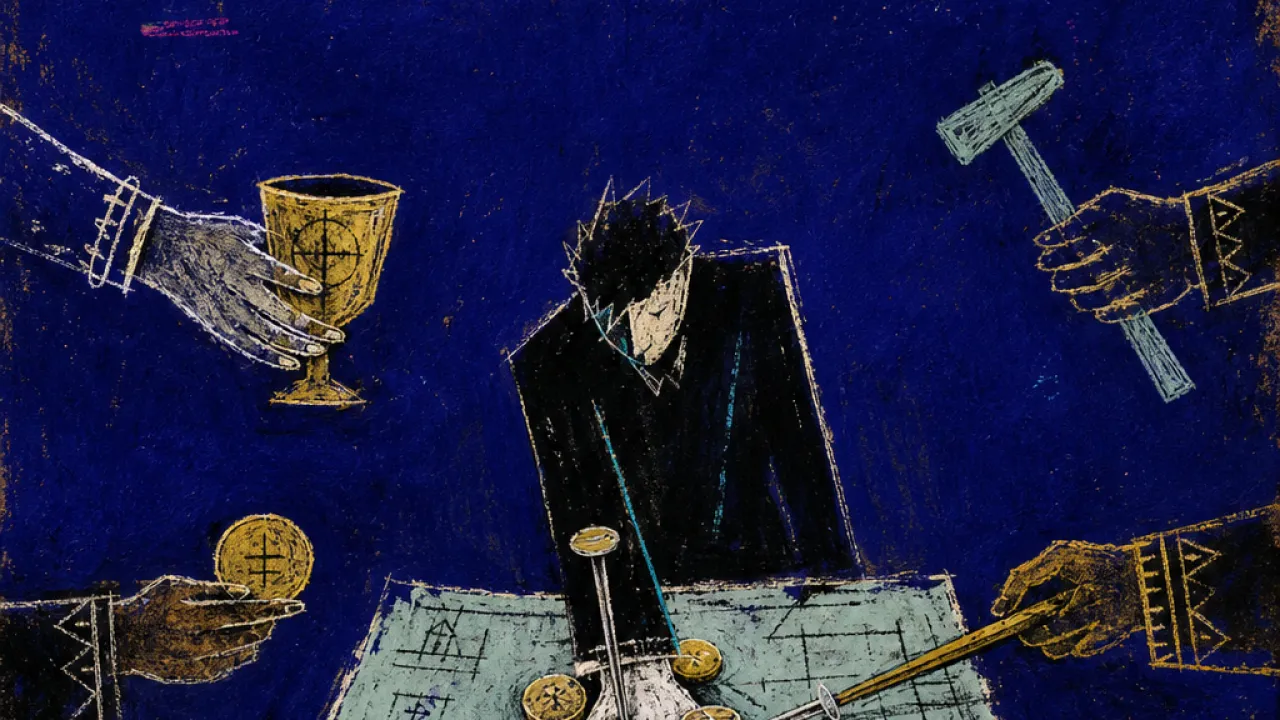 Terms pressing onto one person A solitary figure at a worktable, one hand on a blueprint while other hands press uneven tools and coins toward them
