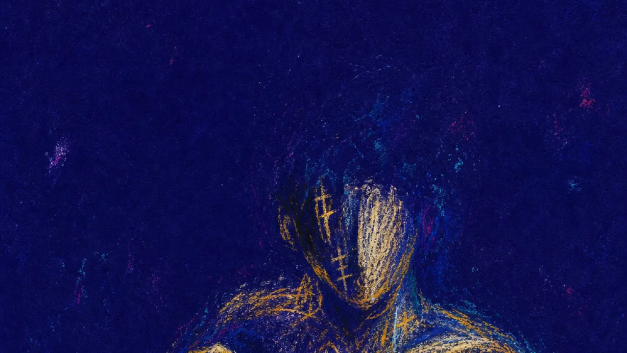 A solitary figure holds an open planner as another hand stamps cup-shaped marks onto unfinished lines in deep indigo space