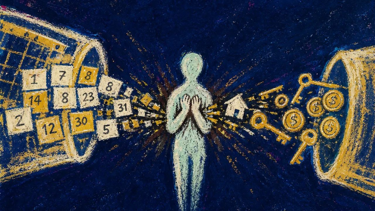 A solitary figure between two extended cups, with calendars, keys, coins, and a distant home narrowing the space