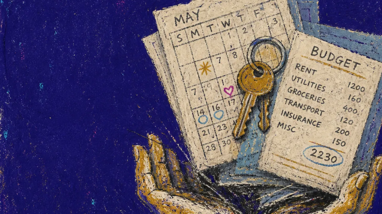 A solitary figure braces both palms beneath calendars, keys, and budget sheets pressing down harder from one side