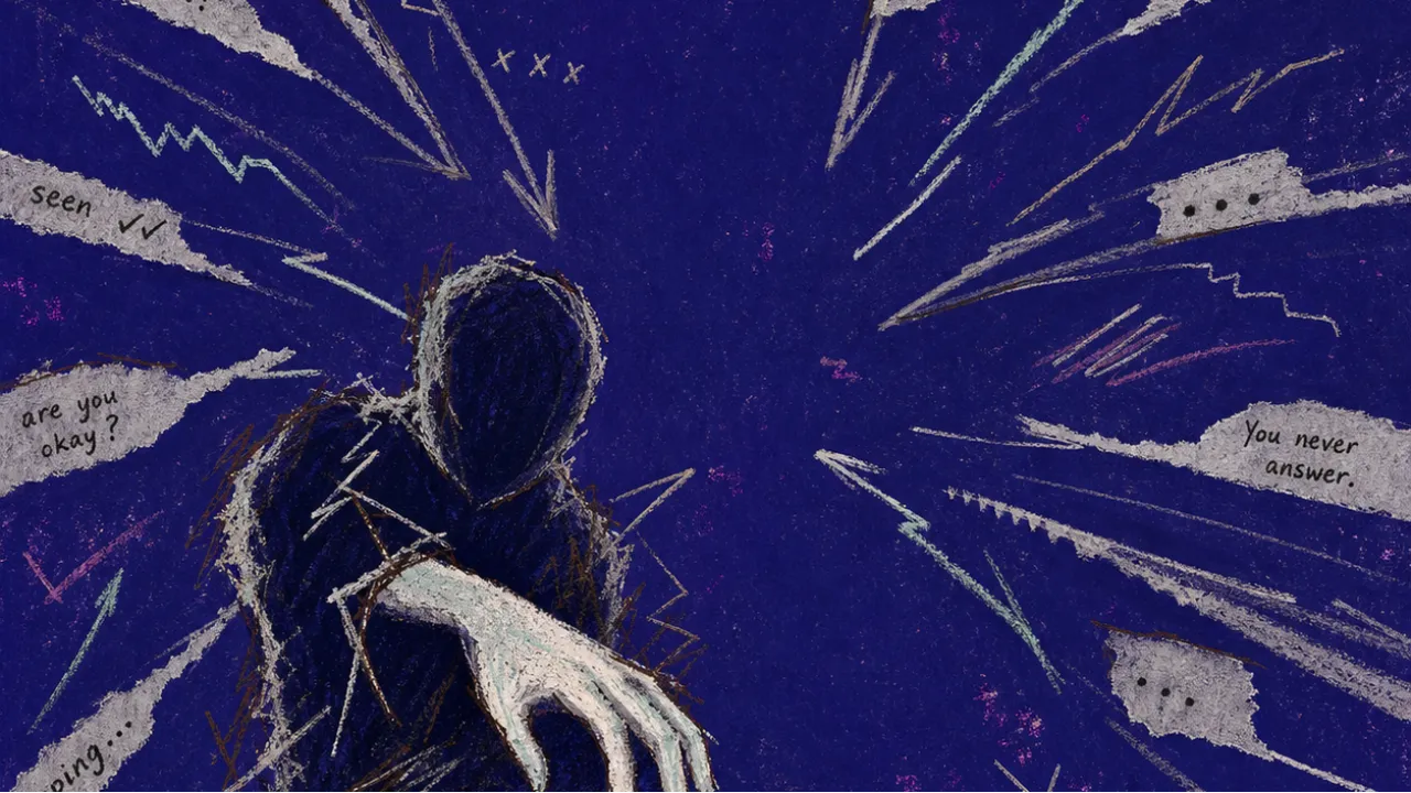A solitary figure pulled toward a mirrored surface, one hovering hand marked by pale retraction lines in deep indigo space