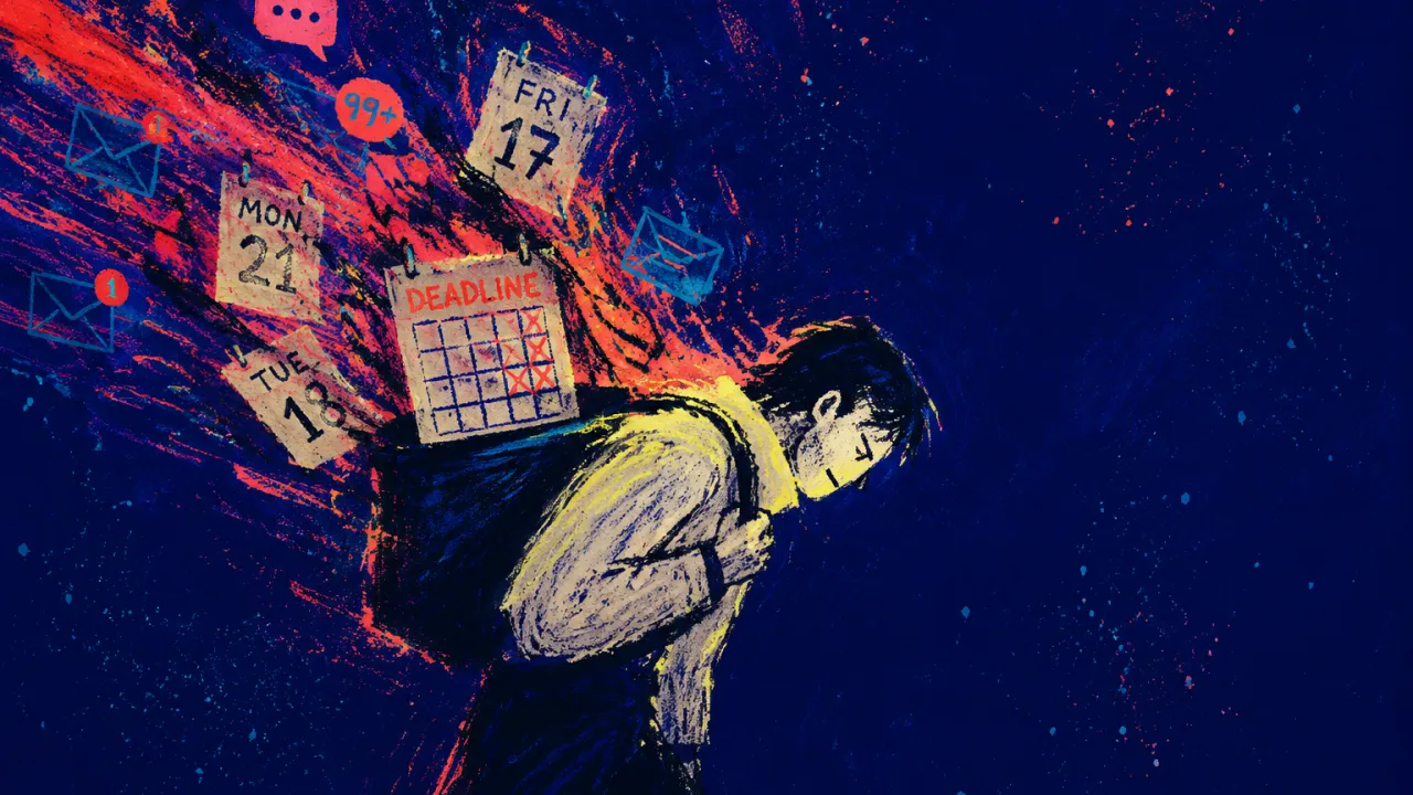 A solitary figure leans forward, one shoulder under a small bundle as glowing messages and calendar pages stream from behind.