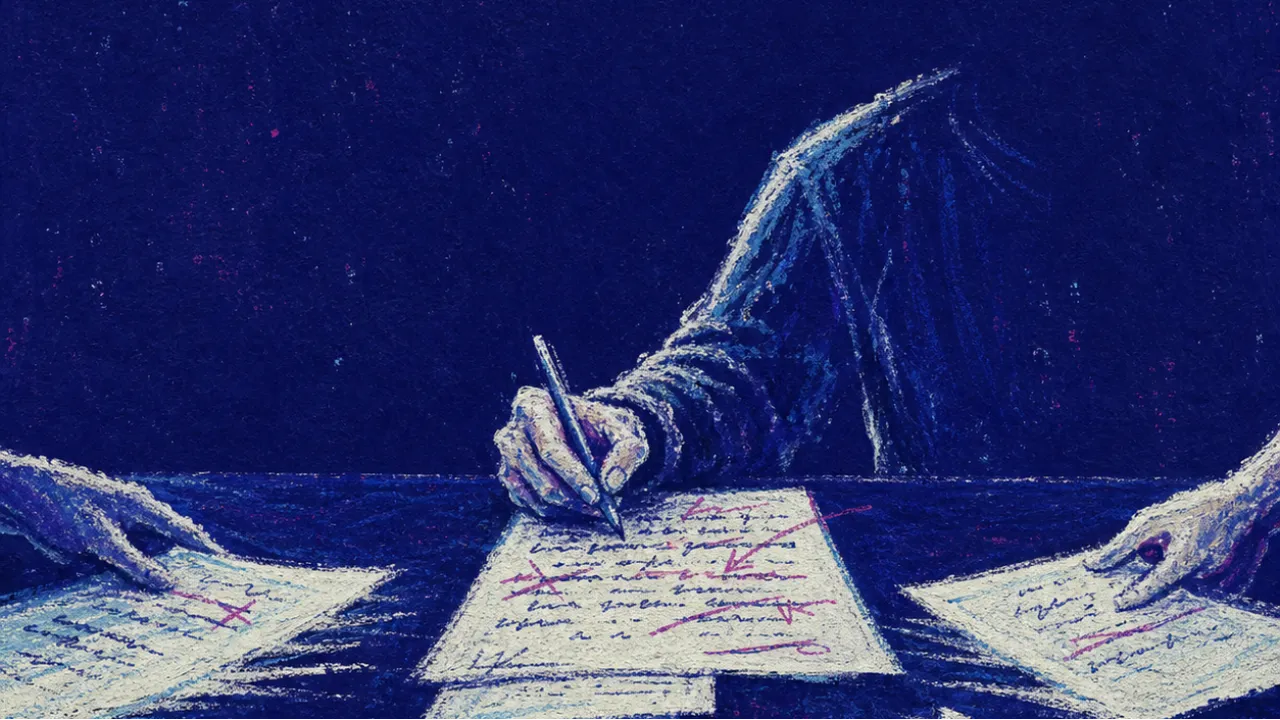 Pages pulled from working hands A bent figure at a shared table, one hand still editing while other hands slide finished pages into cold indigo space