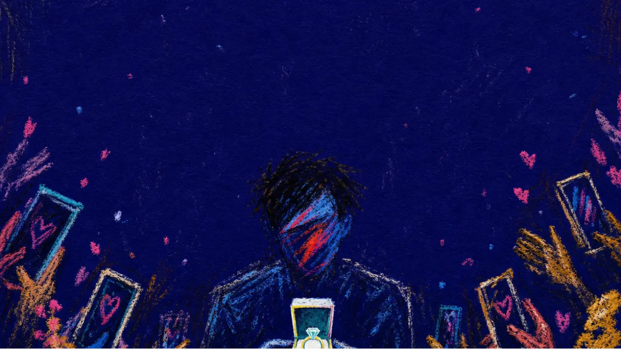 Celebration closing in A solitary figure holds a ring box near the chest as phones, hands, and garlands close in with gold light