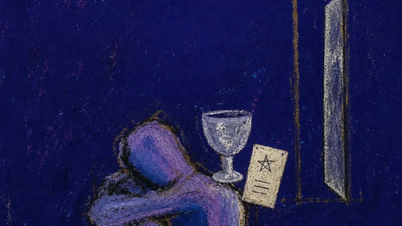 A folded solitary figure with an offered cup and lit message hovering near the shoulder as a narrow window slides shut