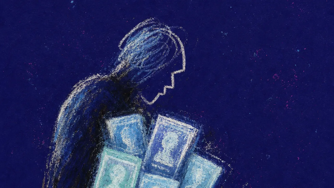 A solitary figure holding a phone as glowing profile cards press inward, shoulders slumped under pale screen-blue light