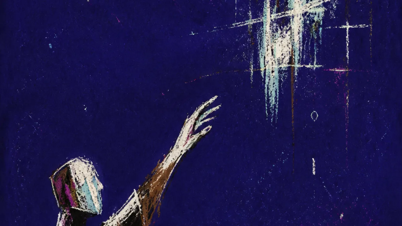 A solitary figure reaching toward a suspended cup, fingertips meeting a pale gap where the signal breaks apart