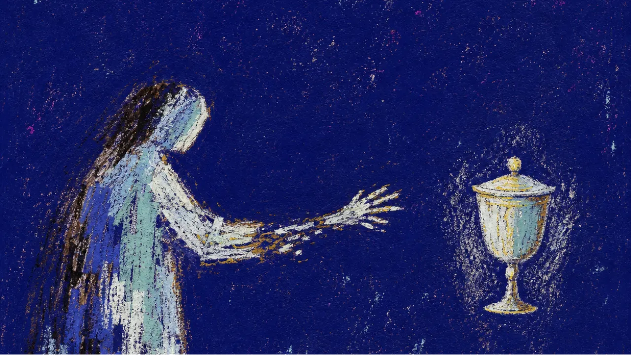 A solitary figure reaching toward a closed cup held at a distance, silver gaps widening around the hands in deep indigo space