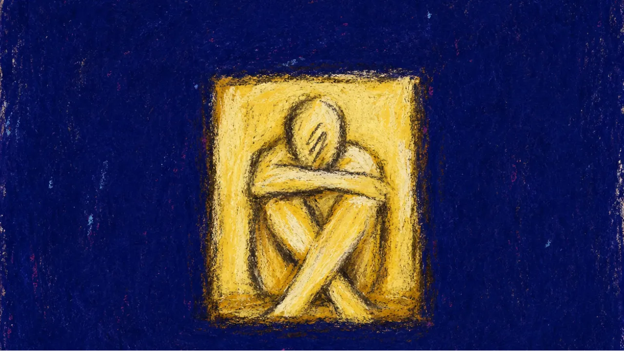 Comfort drawing the boundary A seated figure inside a soft square of light, familiar hands and glowing feeds drawing a low boundary around the body