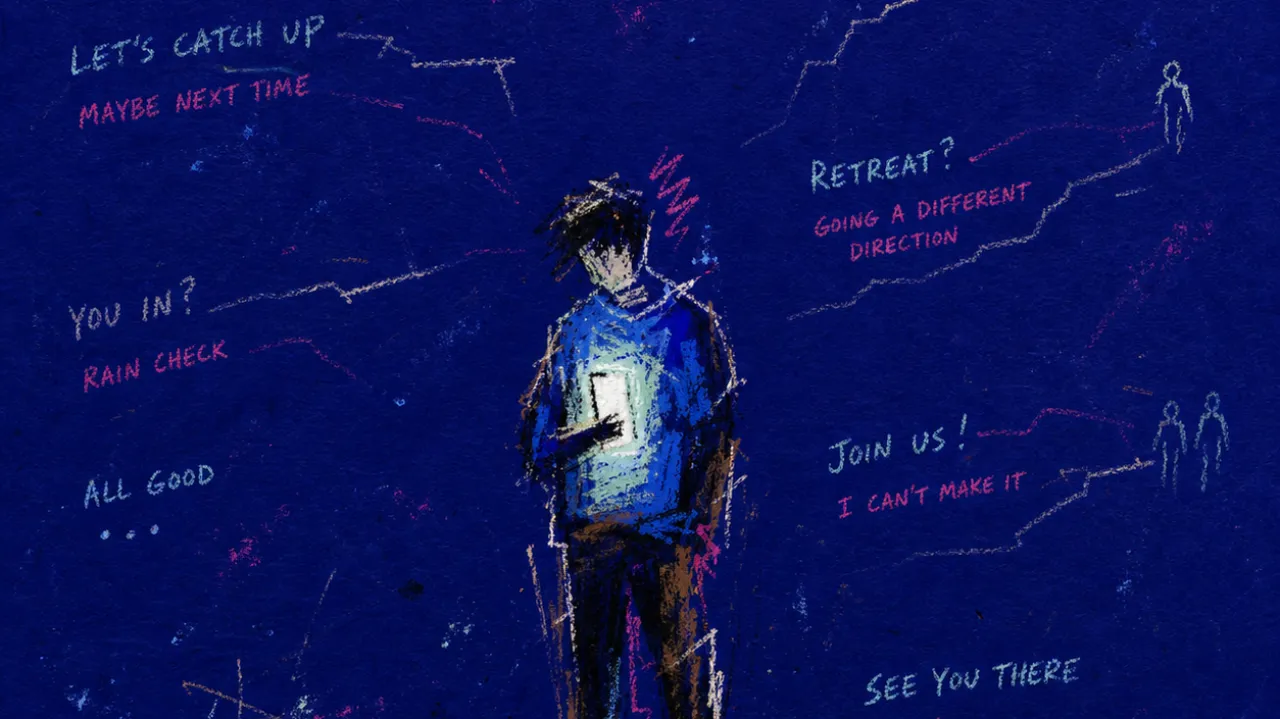 A solitary figure before spilled cups, phone glow at the stomach, silhouettes pulling group lines across deep indigo space