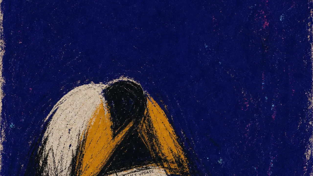 A solitary figure bent over an open feedback page as calendars, forms, and inbox notices press inward from all sides