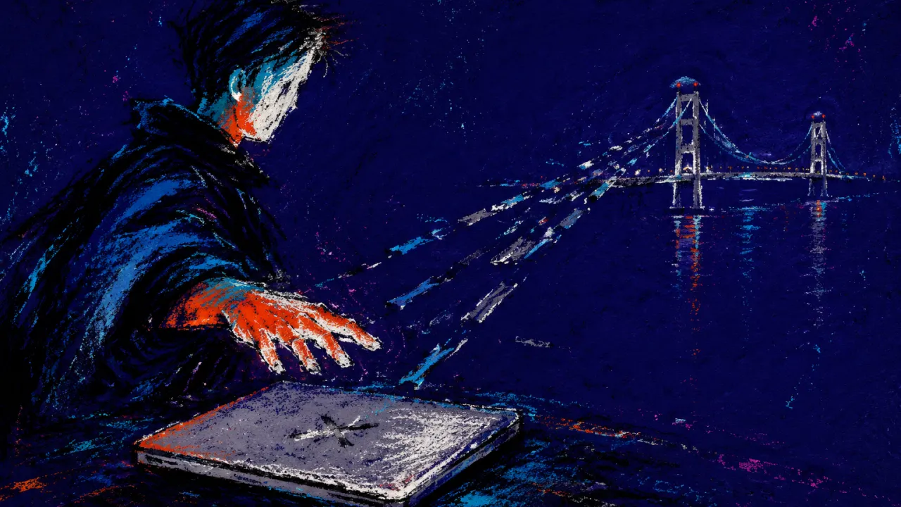 A solitary figure reaches toward a sealed laptop as silver channels pull away, with a bridge visible across dark water
