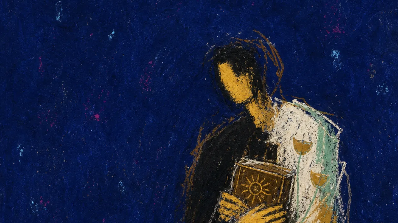 A solitary figure holds an old object near the chest as rigid frames press inward and small blooming cups reappear