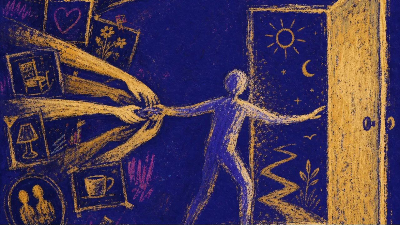 A solitary figure at an open doorway, wrists pulled backward by glowing photos and familiar hands from a bright enclosed room