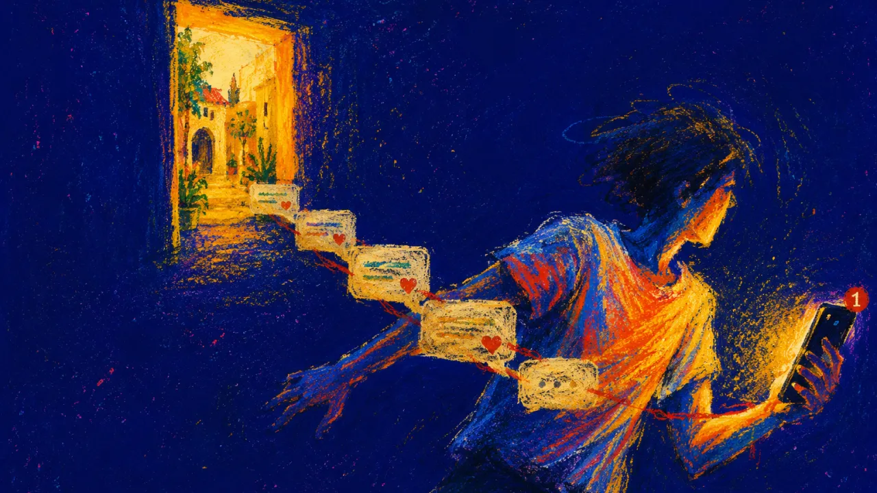 Pulled toward the old doorway A half-turned figure holds a phone as golden message light reaches from a courtyard doorway toward one palm and chest