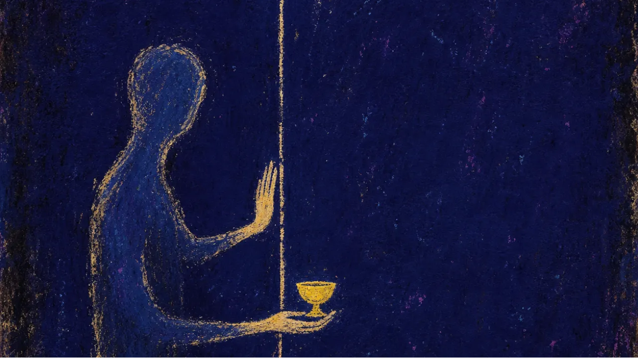 A solitary figure holds one open hand near a boundary line as another hand offers a small cup without crossing it