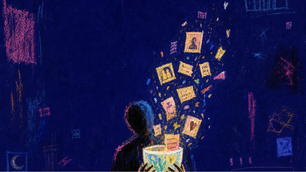 A solitary figure holding a glowing cup while old photos and messages cast light, with darker missing scenes outside the edge
