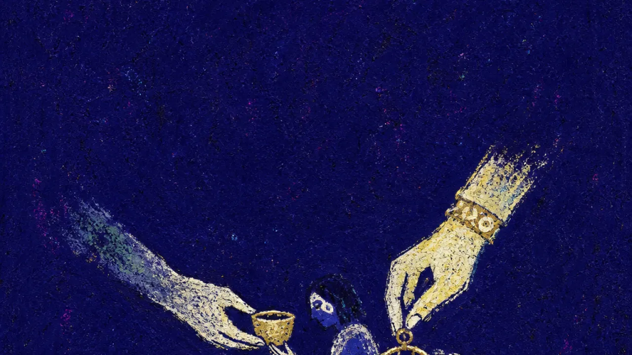 A small seated figure inside low courtyard walls, a guiding hand on the wrist leaving a pale impression as a cup is offered