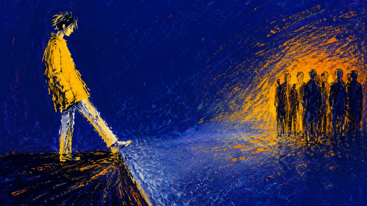 A solitary figure pauses with one foot forward across an empty floor from clustered silhouettes in amber and indigo light.