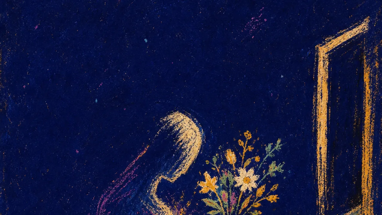 A solitary figure holds an opened message as a familiar hand extends a flower-filled cup through an old doorway