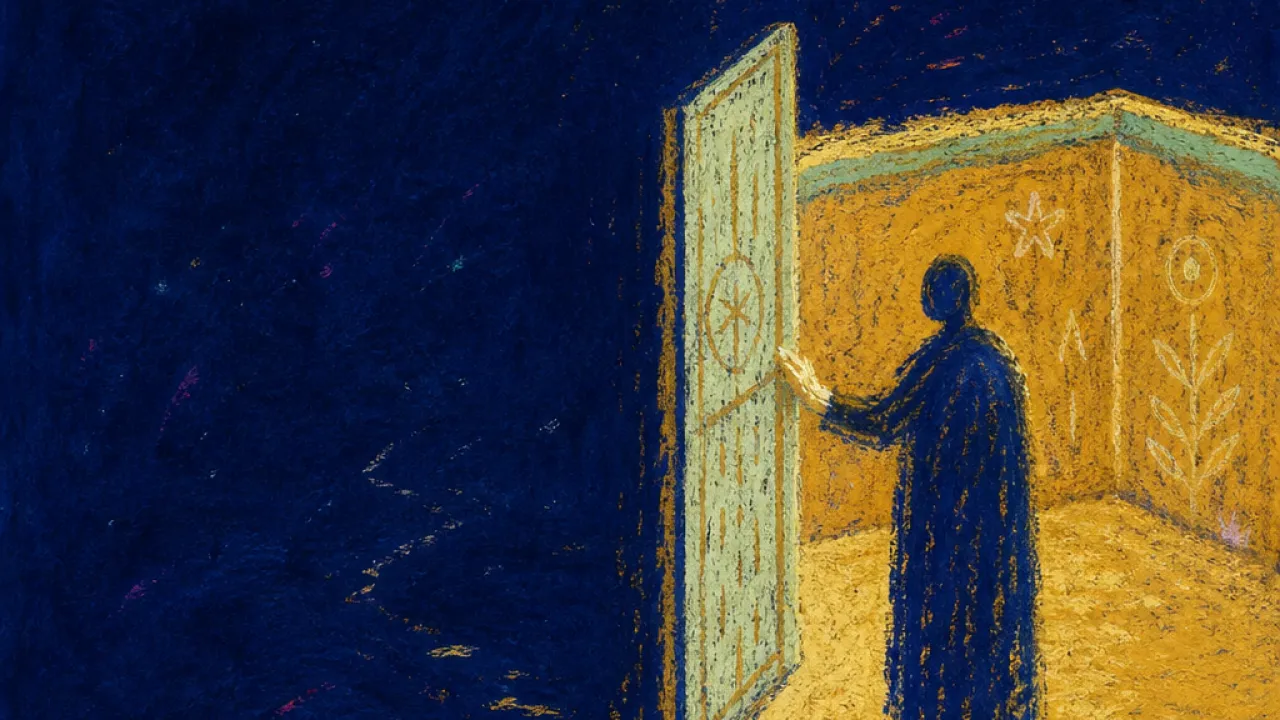A solitary figure inside a lit courtyard, one hand on an open gate as darker paths bend away outside the walls