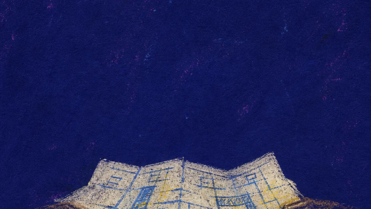 A solitary figure beneath an elevated blueprint, senior hands lowering pale paper walls around tightened shoulders