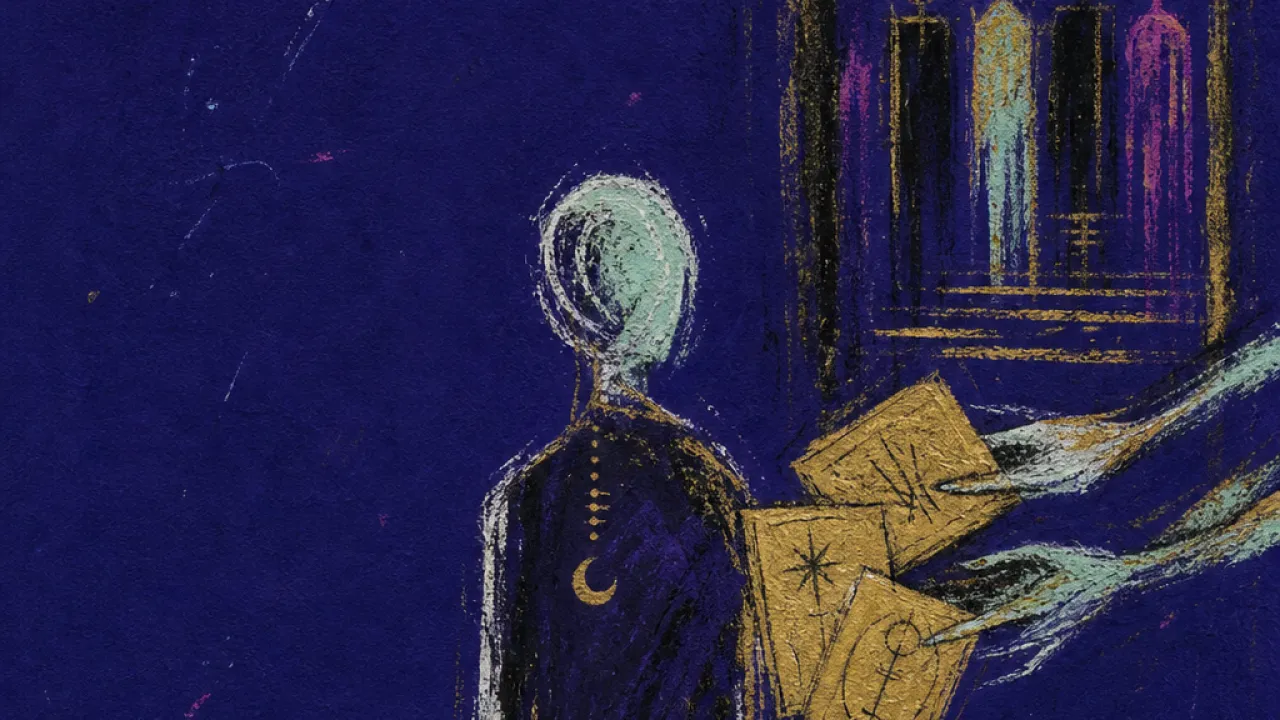 A solitary figure before a walled archway as unseen hands pass invitations over their shoulder to figures inside