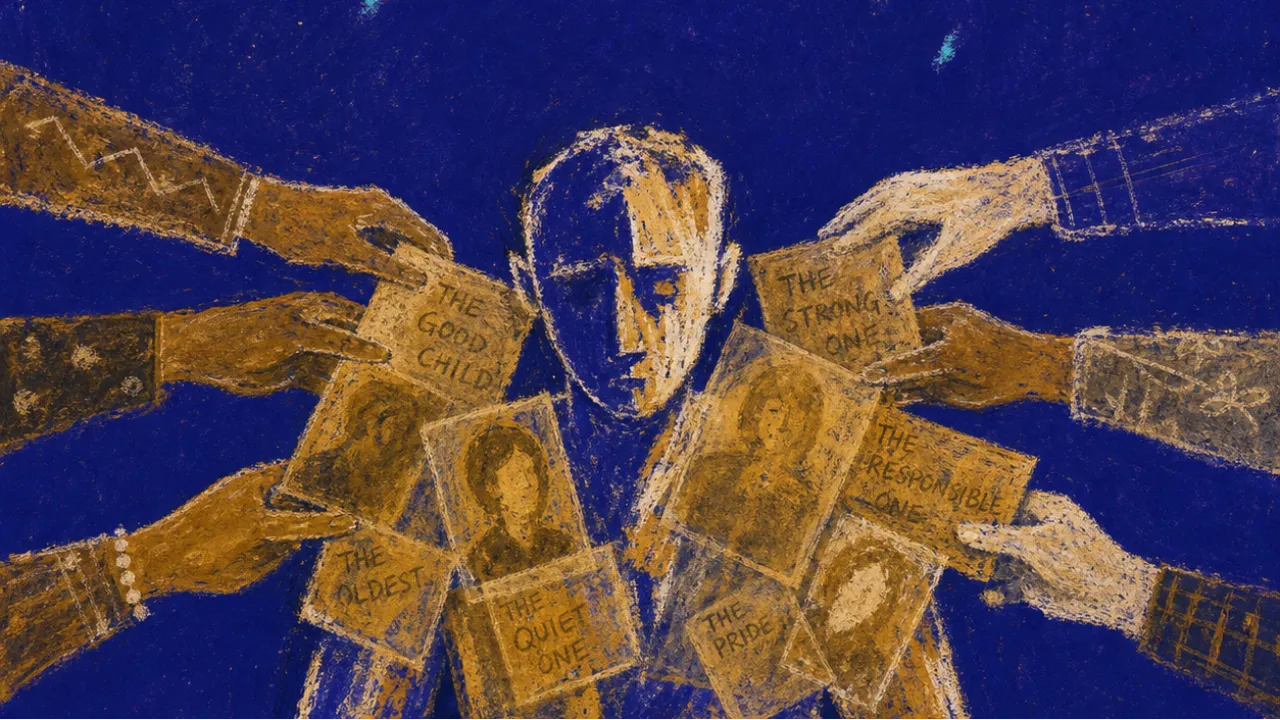 A seated figure with chest and shoulders covered by translucent labels, relatives' hands pressing old portraits into place