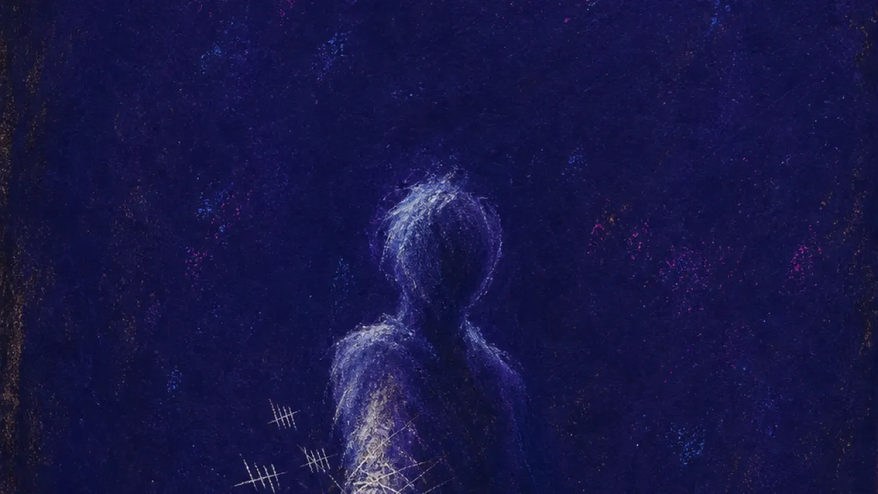 A solitary figure with one hand extended, ledger marks wrapping the wrist like thread and tightening into pale lines