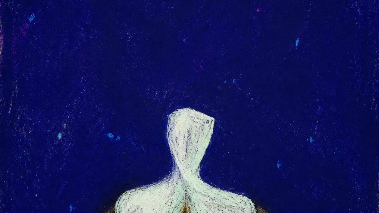 A solitary figure held rigid while outside hands polish a bright shell, leaving a narrow body visible behind it