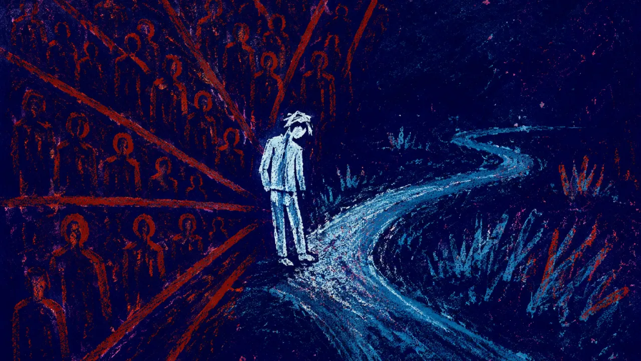 A solitary figure angled as crowd lines press around the torso, beside an open red path curving across deep indigo ground.