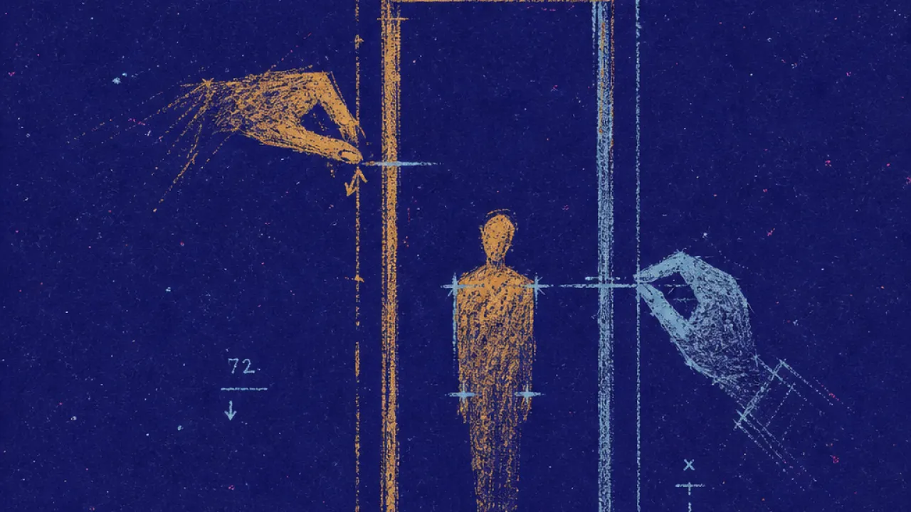 A solitary figure at a doorway, shoulders and wrists touched by measuring lines as hands adjust a blue frame inward