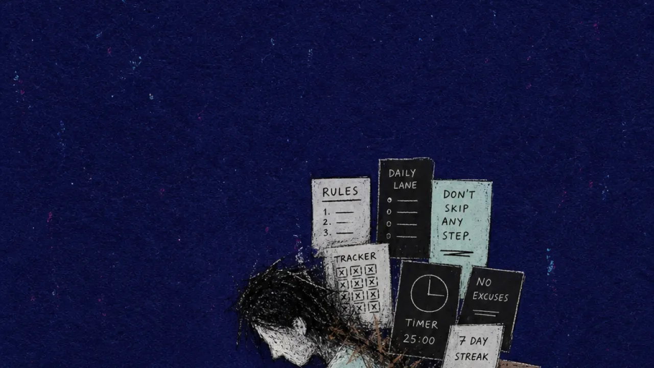 A solitary figure bent forward as trackers and rule cards press into the shoulders inside a narrow indigo lane